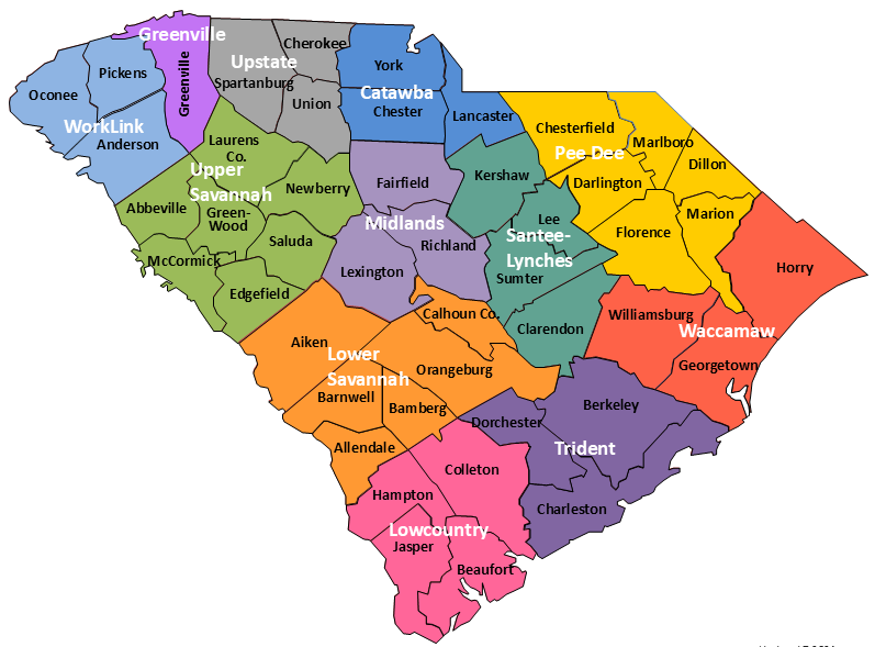 Multicolor map depicting different regions of South Carolina: Worklink, Greenville, Upstate, Upper Savannah, Midlands, Catawba, Lower Savannah, Santee-Lynches, Pee Dee, Waccamaw, Trident, and Lowcountry